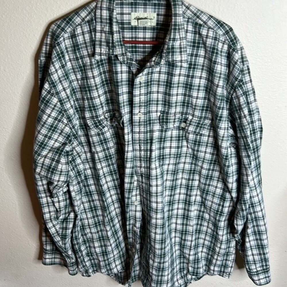 Eddie Bauer Button Up Shirt Mens XXL Green & Beige Plaid Long Sleeve